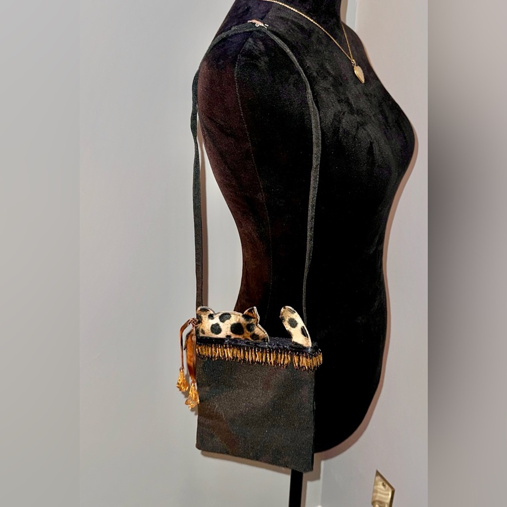 Vintage Unique Cat Crossbody Bag - Beaded Fringe w/ Cat Ears & Tail